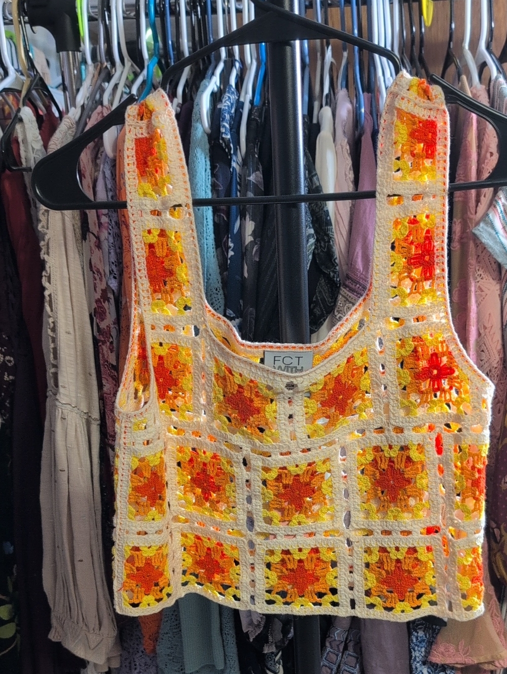 FCT Crochet Tank Top - Yellow & Orange Floral Squares NWOT